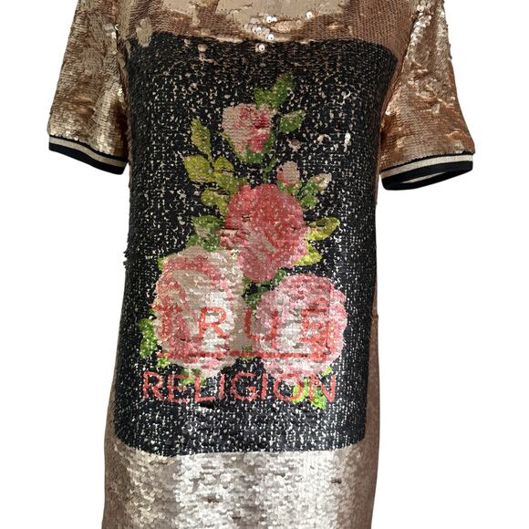 NWOT True Religion rOSE gOLD fLOWER Sequin Shift Dress XS - Picture 3 of 9